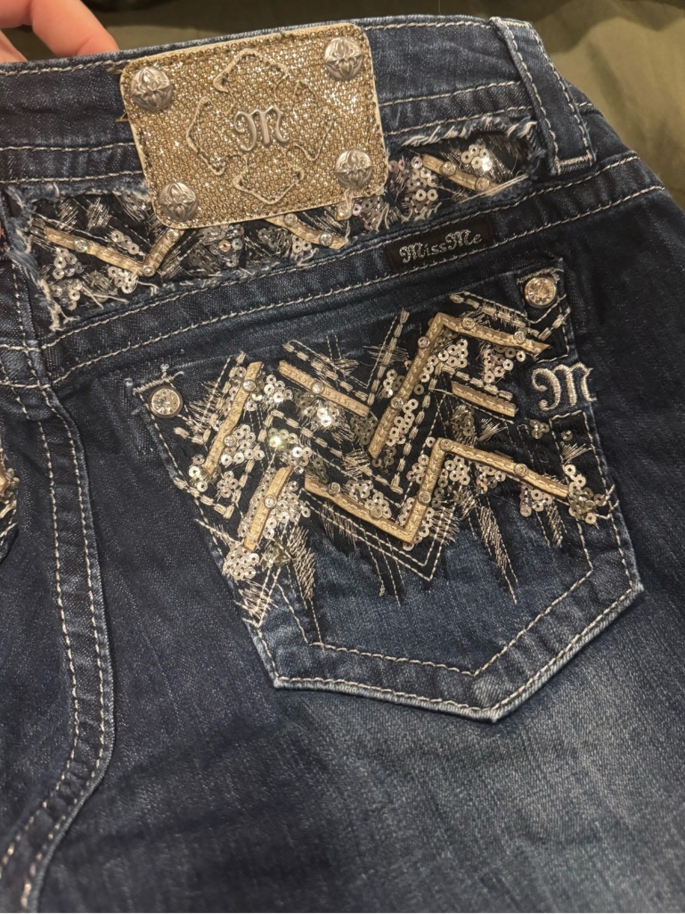 Miss Me Dark Blue Boot Cut Jeans with Gold & Silver Accents